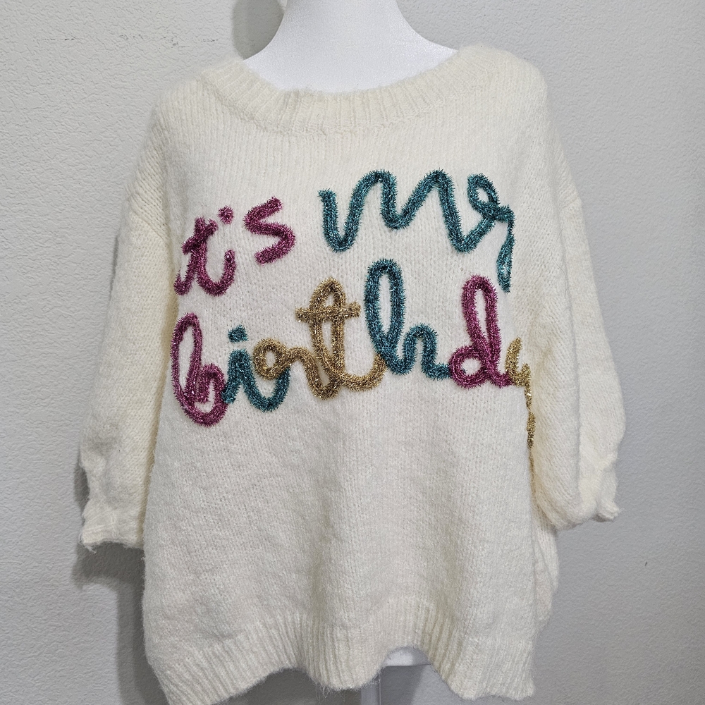 BiBi Cream Sweater with Colorful Birthday Text